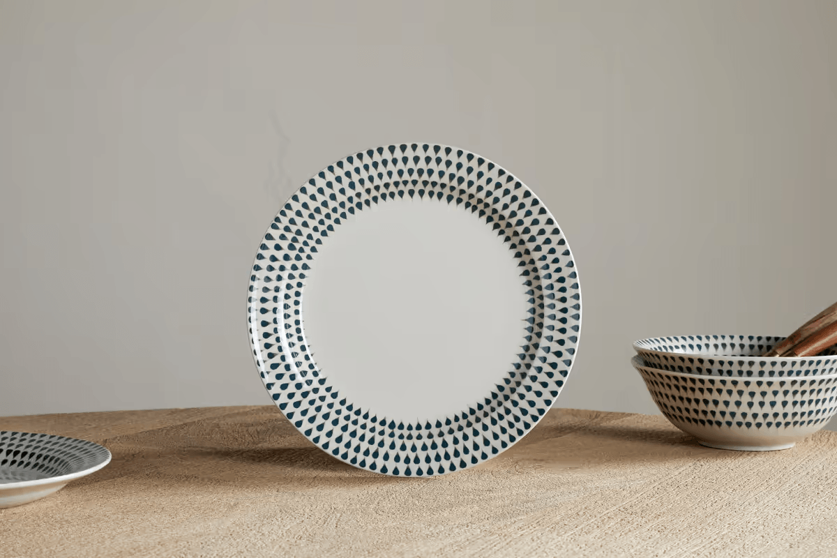 Nkuku - Juniper Drop Dinnerware Set - Cream & Juniper (Set of 12)