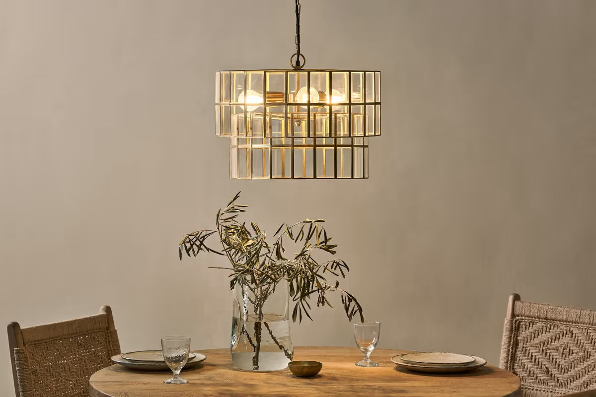 Nkuku Kirindi Glass Panelled Chandelier - Clear & Antique Brass