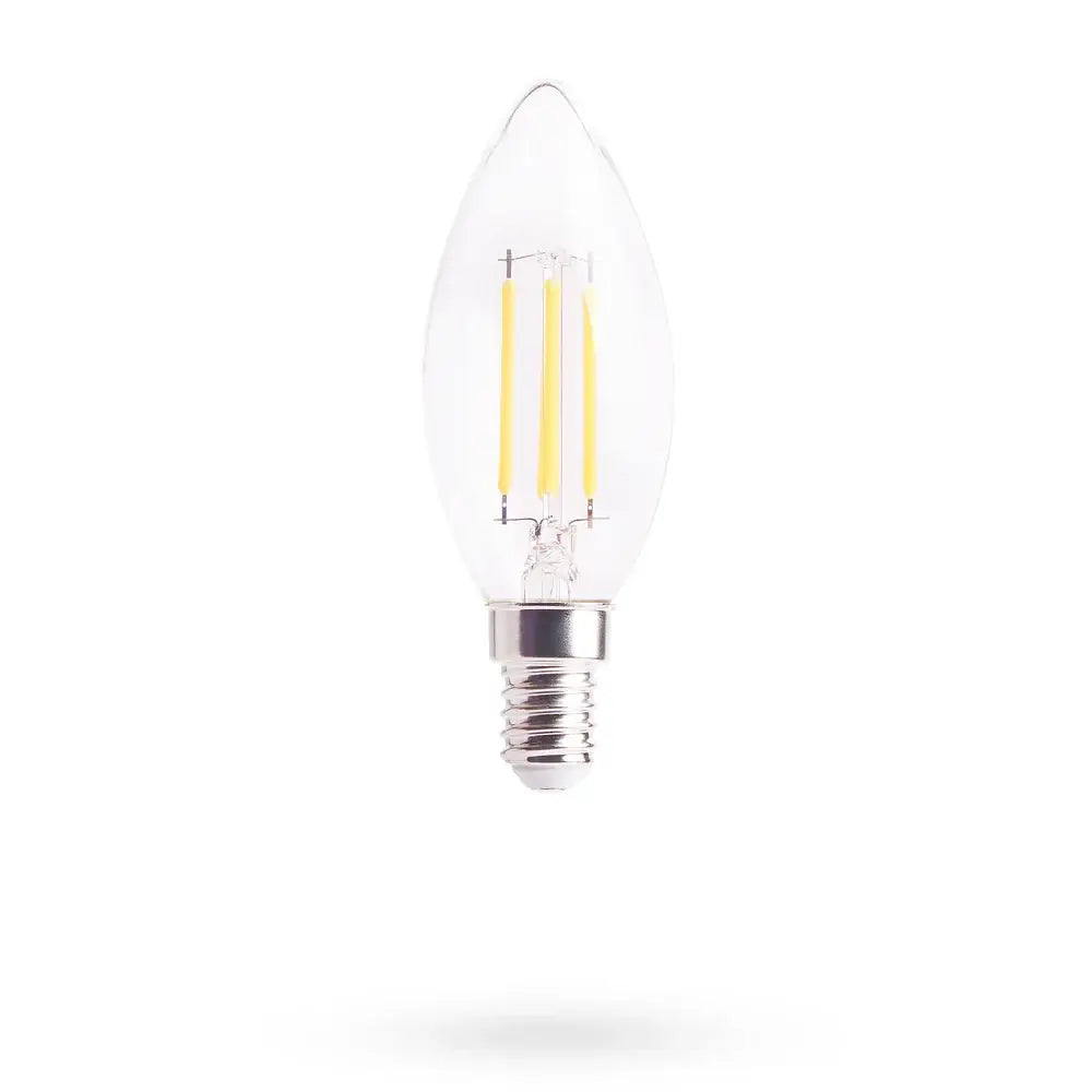Pooky Candle 4 watt LED clear bulb with E14 screw fitting on a white background.