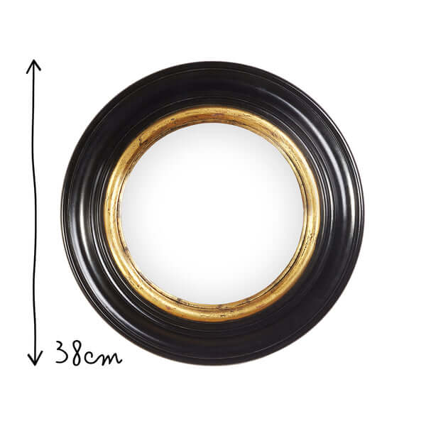 Pooky - Audrey Mirror features a round design with a black and gold frame, measuring 38 cm in height.