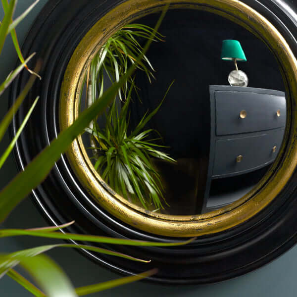 Pooky - Audrey Mirror reflecting a stylish interior with plants and a green lamp.
