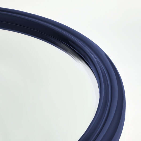 Pooky - Smaller Cinders Mirror - Blue close-up of the lacquered blue frame detail and bevelled glass.