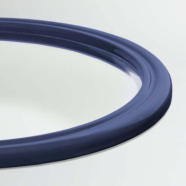 Pooky - Smaller Cinders Mirror - Blue close-up of the stylish lacquered frame with bevelled glass.
