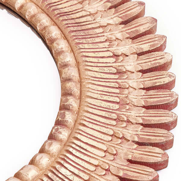 Close-up of the ornate wood frame of the Pooky - Grace Mirror, featuring a distressed gold finish.