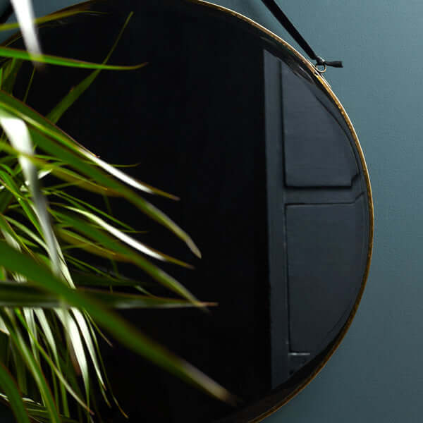 Pooky - Round Bevelled Luxor Mirror - Round Luxor with brass frame and hanging black velvet tape, featuring a plant.