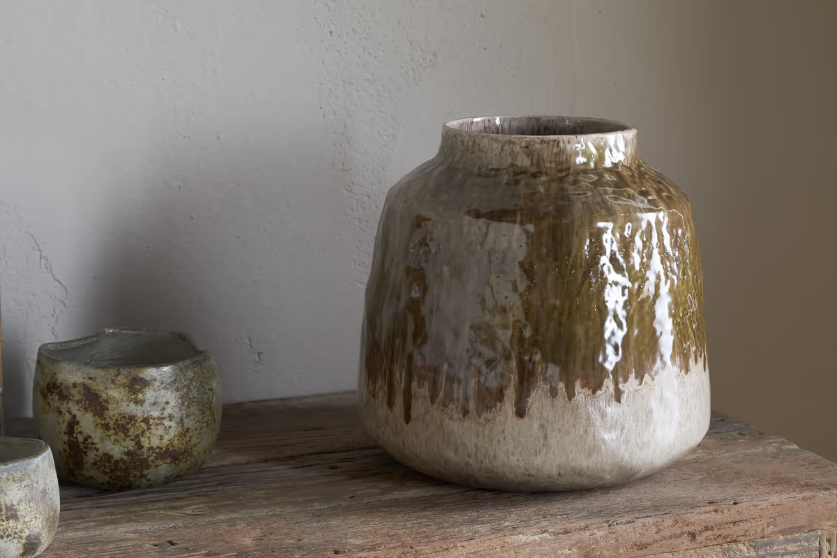 Nkuku - Melina Reactive Glaze Vase - Olive & Natural