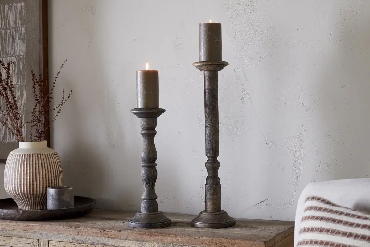 Nkuku - Nayati Rustic Wood Pillar Candle Stick - Dark Stain - Small