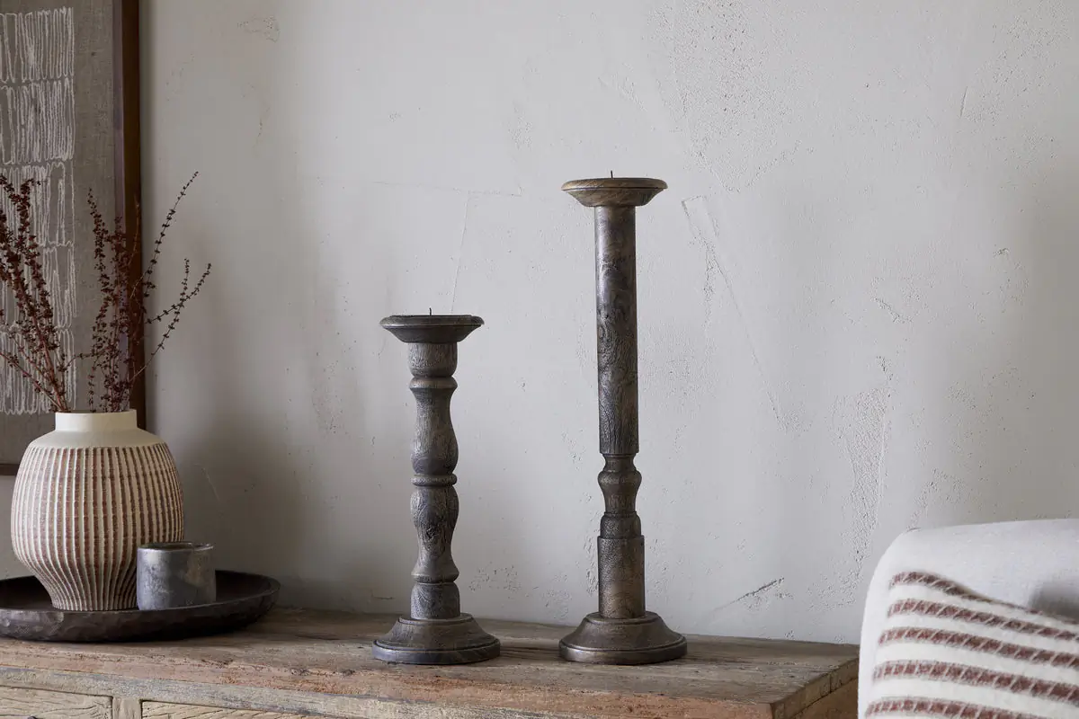 Nkuku - Nayati Rustic Wood Pillar Candle Stick - Dark Stain - Large