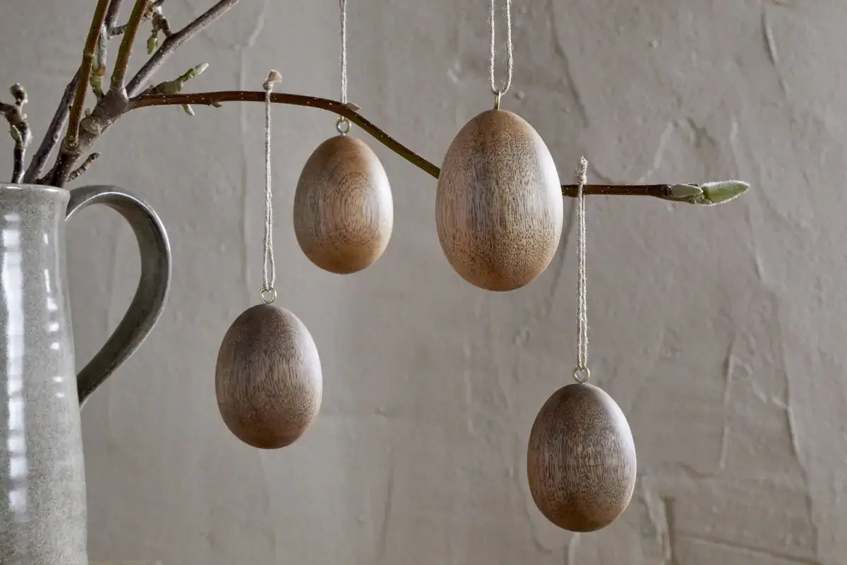 Nkuku - Dima Mango Wood Hanging Egg Decoration - Natural - Set of 4