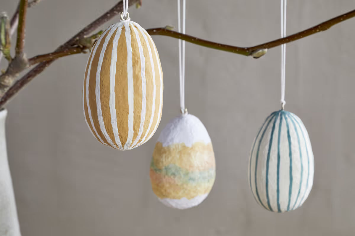 Nkuku - Terra Hand Painted Recycled Cotton Paper Hanging Egg - Teal, Cream & Ochre - Set of 3
