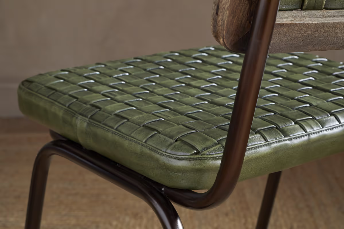 Nkuku - Amala Leather Weave & Iron Dining Chair - Rich Green