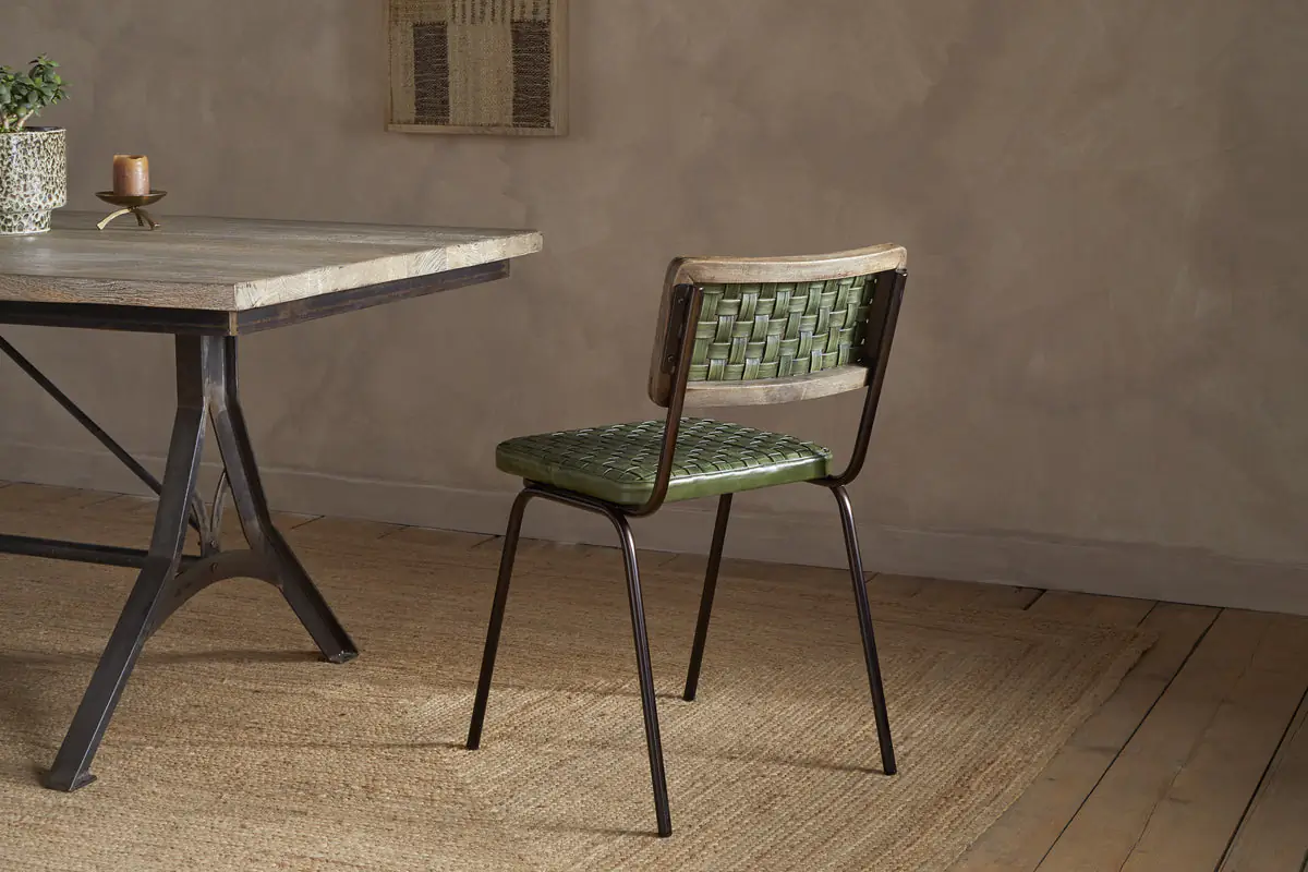 Nkuku - Amala Leather Weave & Iron Dining Chair - Rich Green