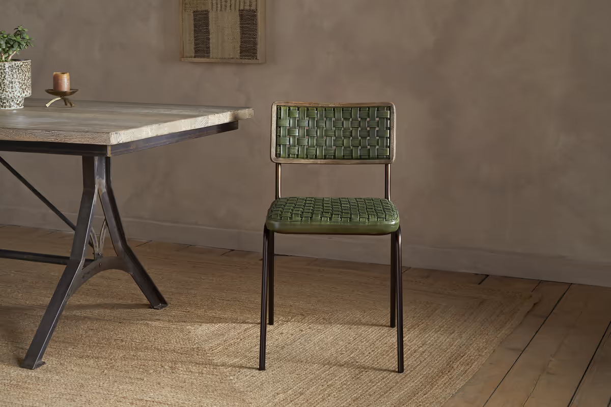 Nkuku - Amala Leather Weave & Iron Dining Chair - Rich Green