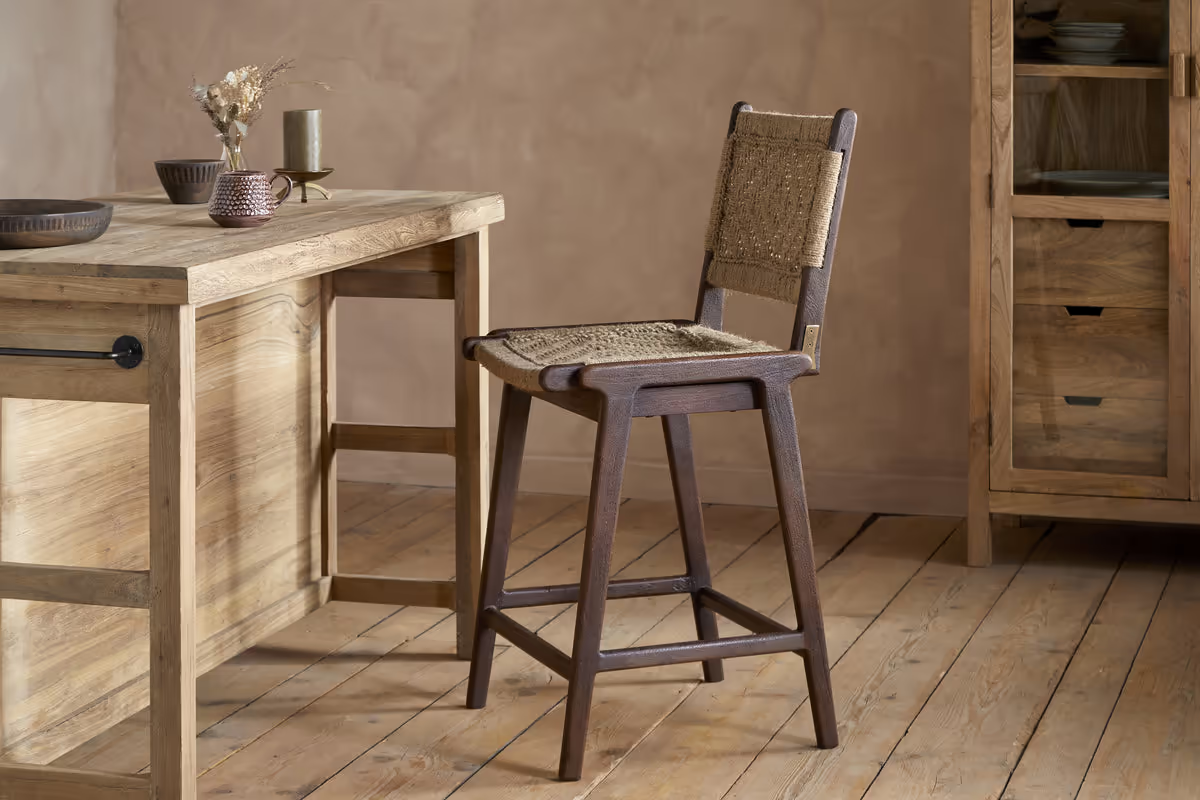 Nkuku - Vinay Jute & Wood Woven Counter Chair - Chocolate Brown
