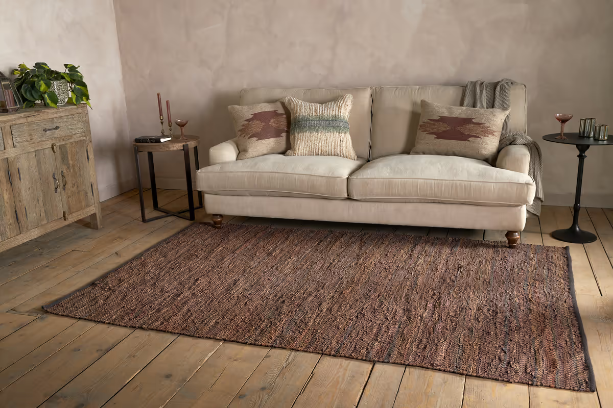 Nkuku - Ele Handwoven Recycled Leather Rug - Tan