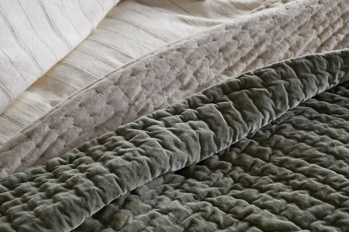Nkuku - Nidra Velvet & Linen Bed Quilt - Sage Green