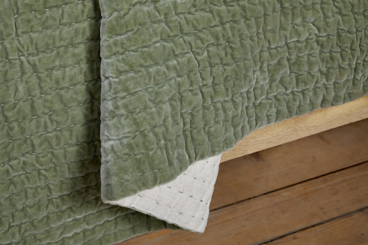 Nkuku - Nidra Velvet & Linen Bed Quilt - Sage Green