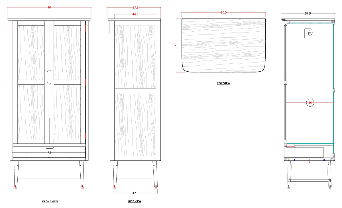 Dimensions and blueprints of the Fishe & Lilly Norway Dark Walnut Wardrobe, showing front, side, and top views.