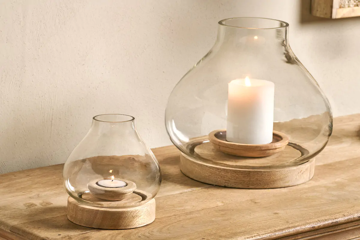 Nkuku - Naryla Mango Wood Lantern - Natural - Large 23 x 25cm (dia)