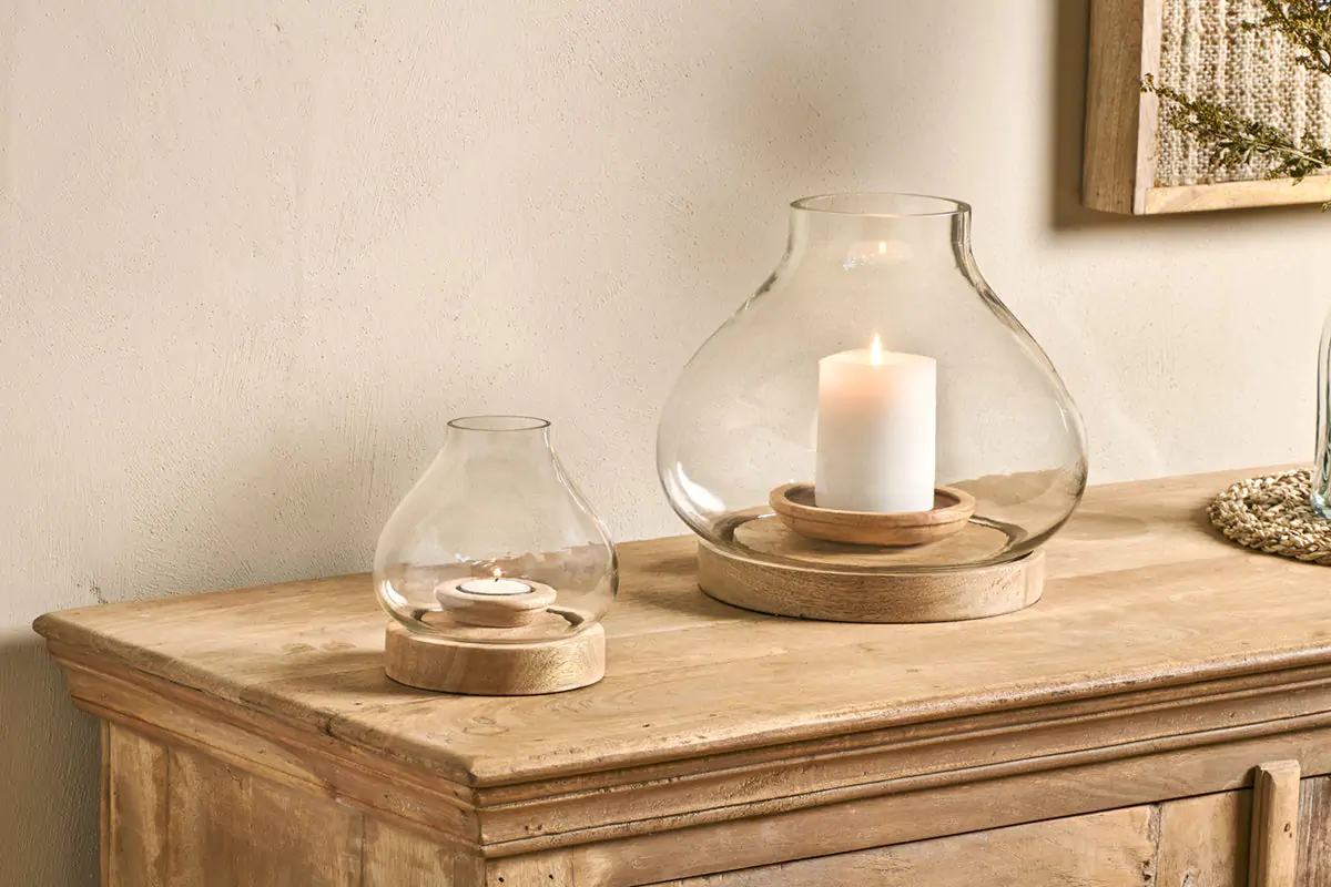 Nkuku - Naryla Mango Wood Lantern - Natural - Large 23 x 25cm (dia)