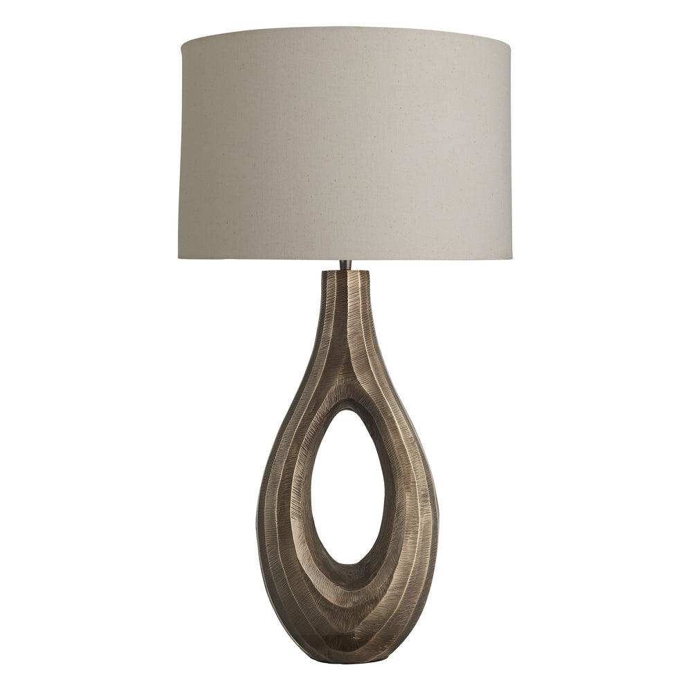 Industville - Ornate Ellipse Table Lamp - Brass Base - Drum Cotton Shade