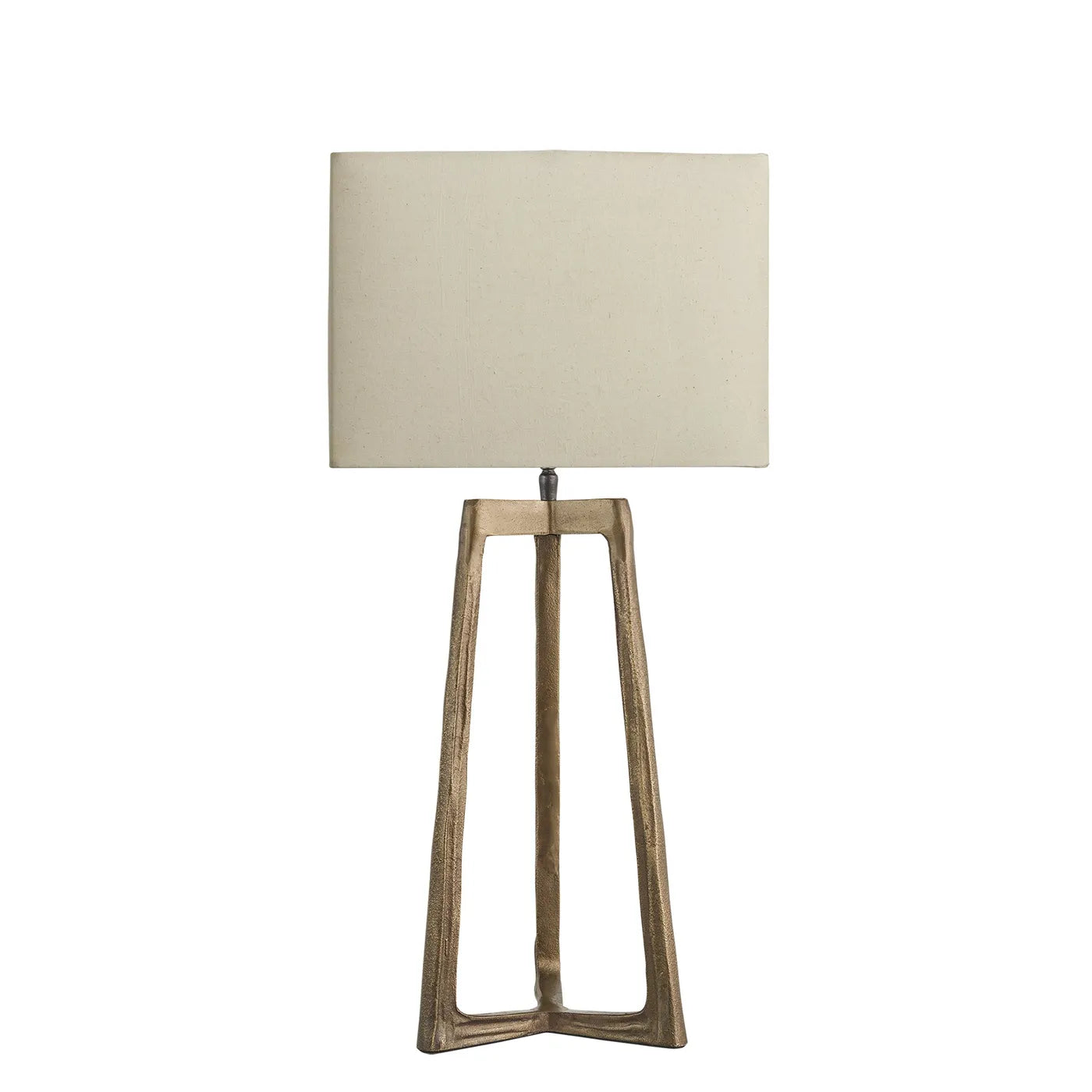 Industville Ornate Tripod Table Lamp in Brass with Rounded Rectangle Shade - Natural Cotton