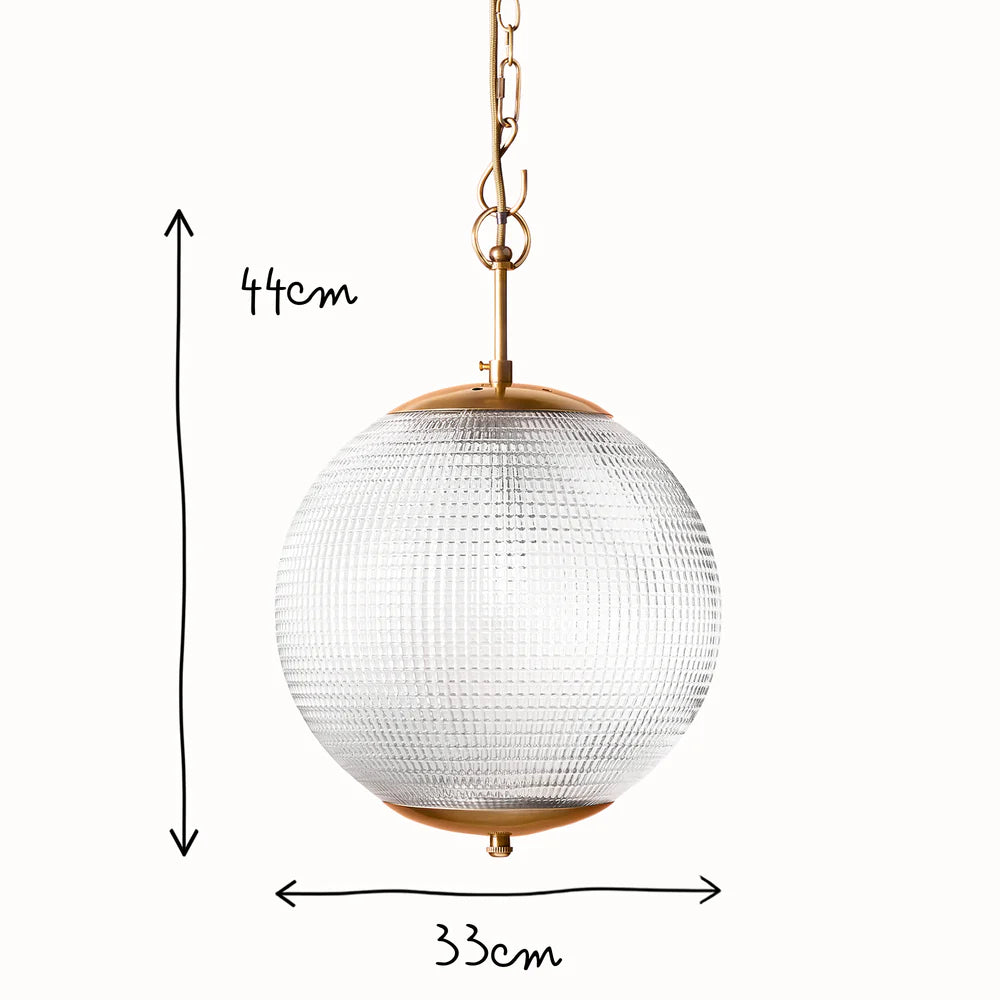 Pooky Smaller Holophane Pendant in Antique Brass and Clear Glass