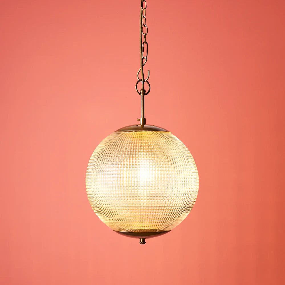Pooky Smaller Holophane Pendant in Antique Brass and Clear Glass
