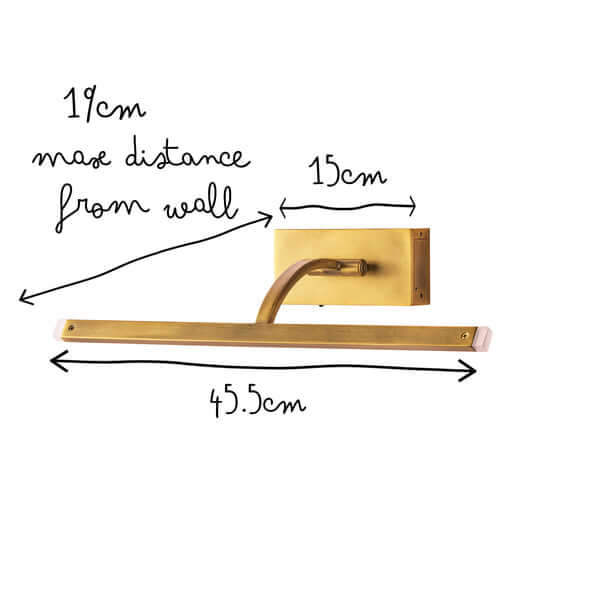 Pooky - Regular Blake Rechargeable Picture Light - Brass dimensions illustration with measurements on the wall.