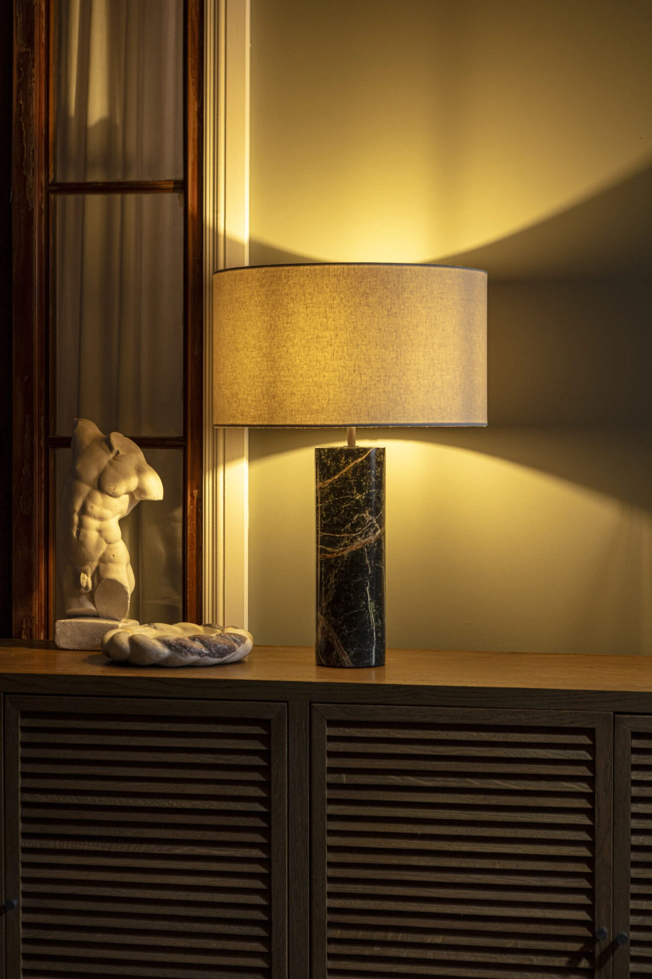 Pure White Lines - Cusco Green Marble Table Lamp - Linen shade