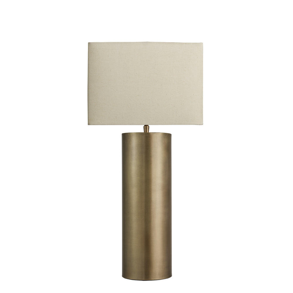 Industville - Pillar Geometric Cylinder Table Lamp - Brass Base - Rounded Rectangle Cotton Shade