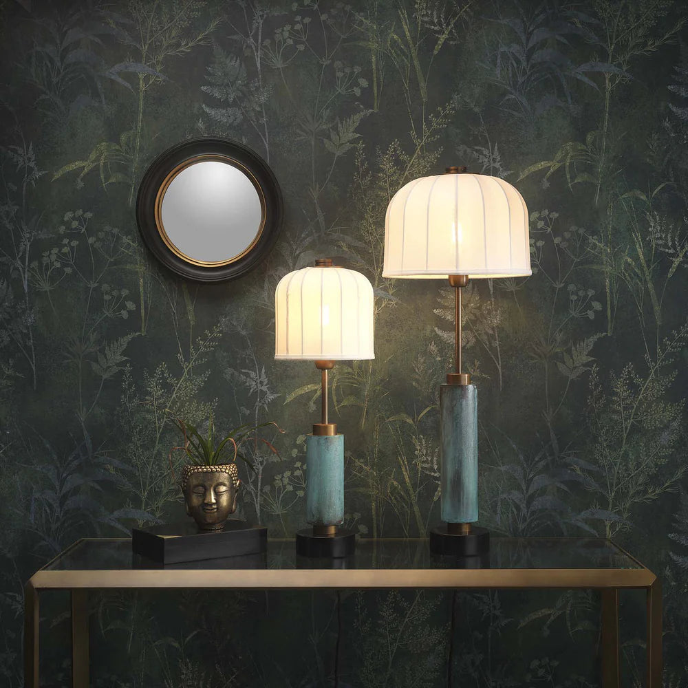 Northern Light - Reynard Table Lamp Medium - Verdigris Old English Brass Light Finish - 8" Cloche Snowdrift Shade