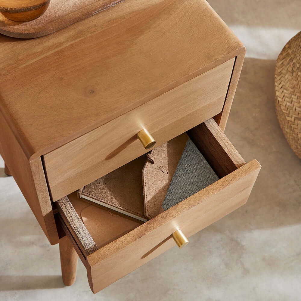 Fishe & Lilly Scandinavian Light Walnut Logan Narrow Bedside Table with open drawer and brass pulls.