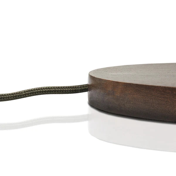 Pooky - Skellig Floor Lamp Base - Burnt Wood And Brass - Without Lampshade - close-up of wooden base and cord