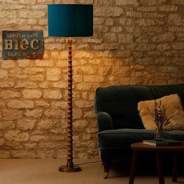 Pooky - Tinto Standing Lamp Base - Natural Wood And Antique Brass - Without Lampshade