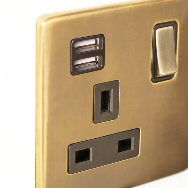 Pooky - Florence One Gang Switched SP Socket And Dual USB Outlet - Brass