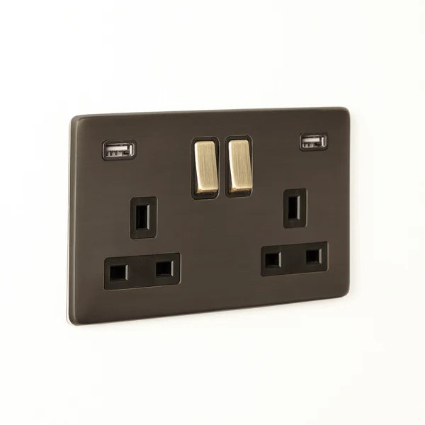 Pooky - Florence Two Gang Switched Socket and Dual USB Outlet - Bronze