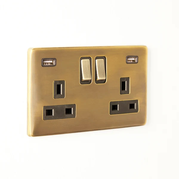 Pooky - Florence Two Gang Switched Socket and Dual USB Outlet - Brass