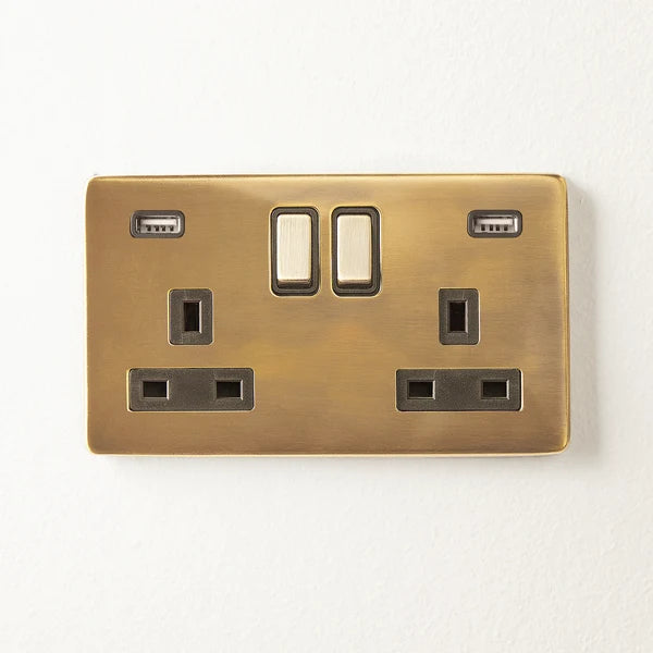 Pooky - Florence Two Gang Switched Socket and Dual USB Outlet - Brass