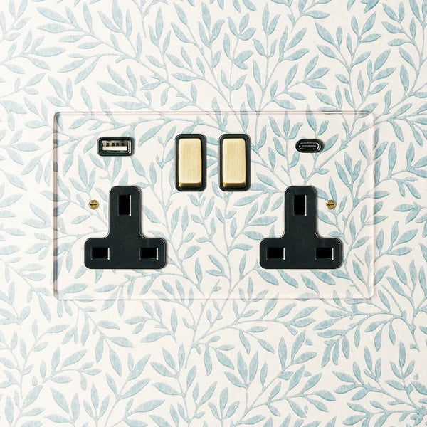Pooky - Lucian Perspex Double Socket With USB Type A & C Black Inserts And Aged Brass Switch - Clear Perspex