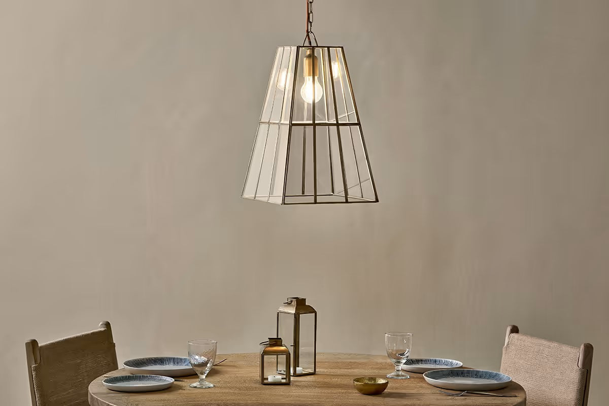 Nkuku Solan Glass Lantern Pendant - Clear & Antique Brass