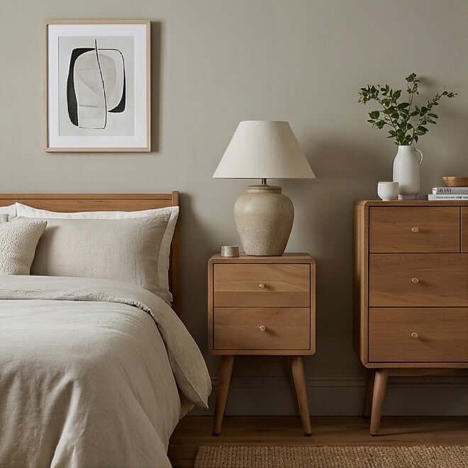 Fishe & Lilly Scandinavian Light Walnut Logan Narrow Bedside Table with two drawers and a lamp in a modern bedroom.
