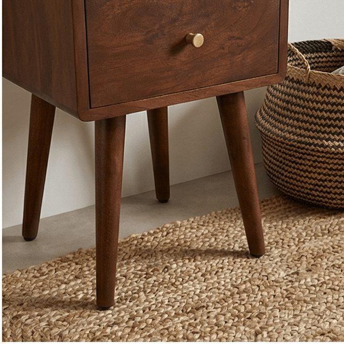 Wooden legs and drawer of the Fishe & Lilly Scandinavian Walnut Logan Narrow Bedside Table