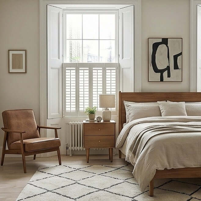 Fishe & Lilly Scandinavian Light Walnut Oslo Bedside Table with two drawers beside a wooden bed.