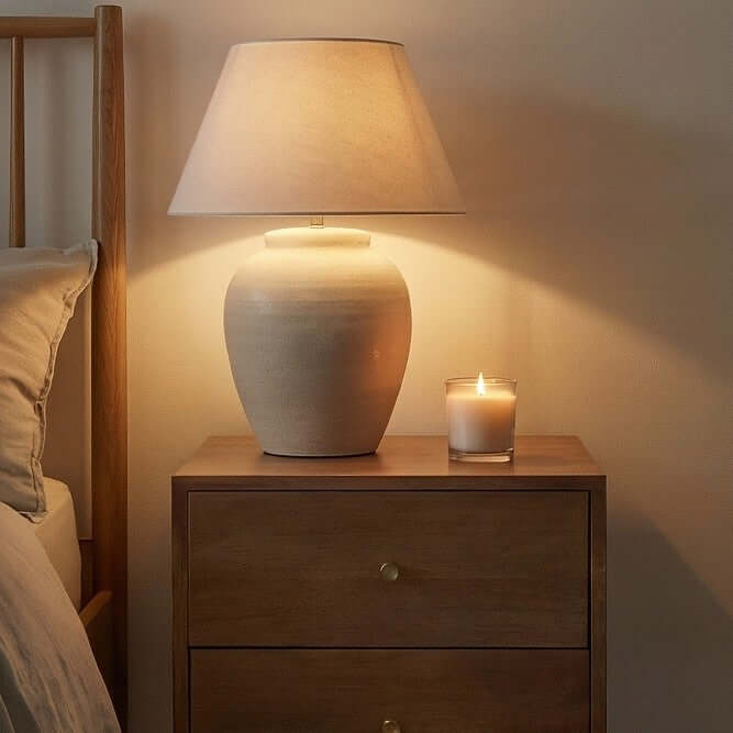 Fishe & Lilly Scandinavian Light Walnut Oslo Bedside Table with two drawers, brass pulls, a lamp and lit candle.