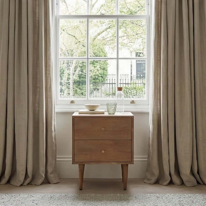 Solid wood Fishe & Lilly Scandinavian Light Walnut Oslo Bedside Table with two drawers.