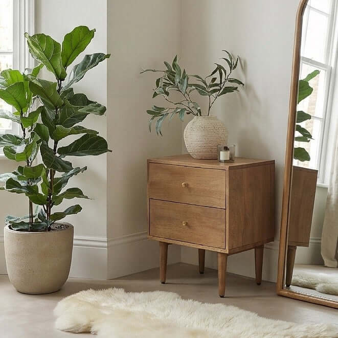 Fishe & Lilly Scandinavian Light Walnut Oslo Bedside Table crafted from solid mango wood with two drawers.