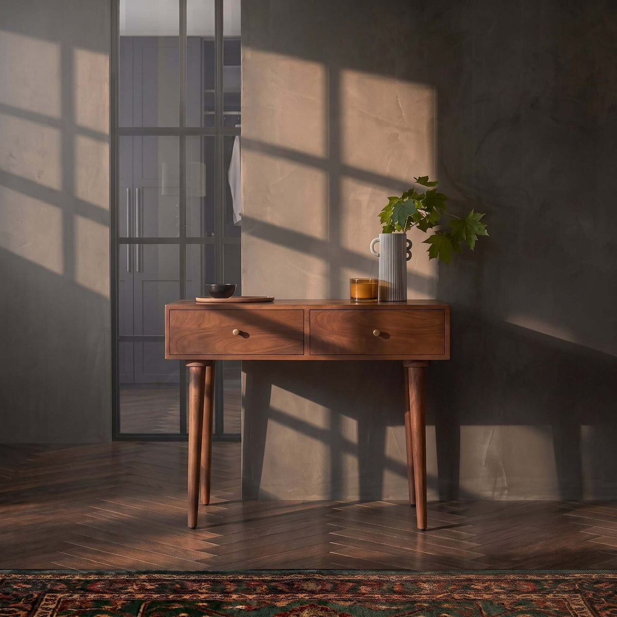Solid wood Fishe & Lilly Scandinavian Walnut Oslo Console, Dressing Table, and Desk.