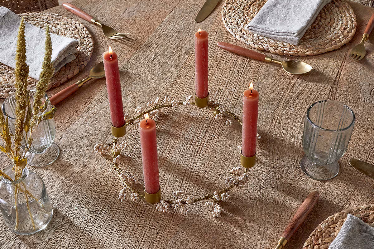 Nkuku - Tanu Mango Wood Beaded Candle Holder - Brass & Natural