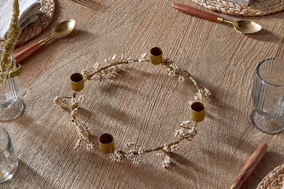 Nkuku - Tanu Mango Wood Beaded Candle Holder - Brass & Natural